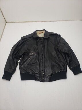 The Flight Club Black Leather Bomber Jacket Aviation Map Lining Mens Large